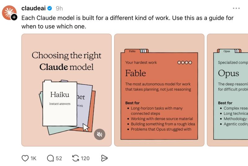 Threads post from Claude AI comparing Claude models including Haiku, Fable, and Opus, with use cases for each, shown as a swipeable carousel graphic.