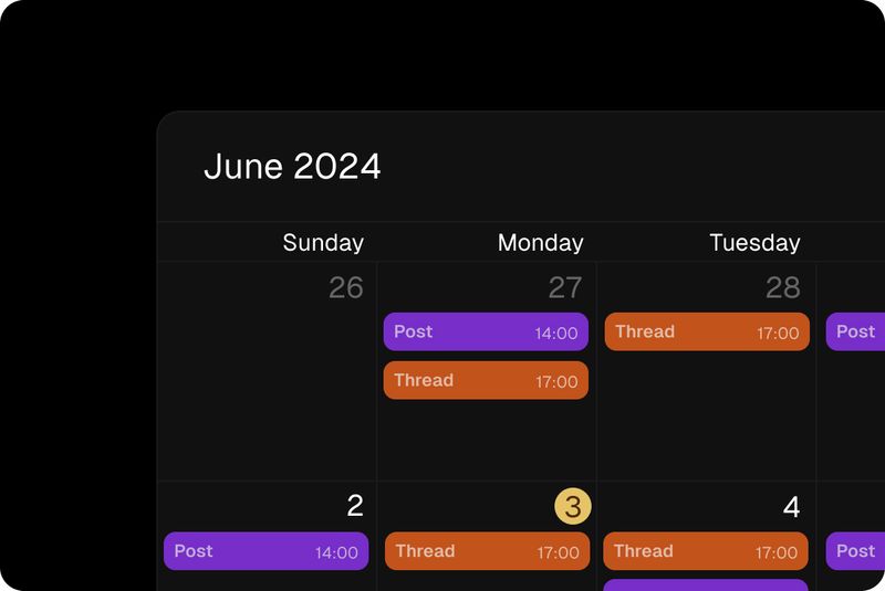 Screenshot of BlackTwist calendar feature showing automated post and thread scheduling for June 2024.