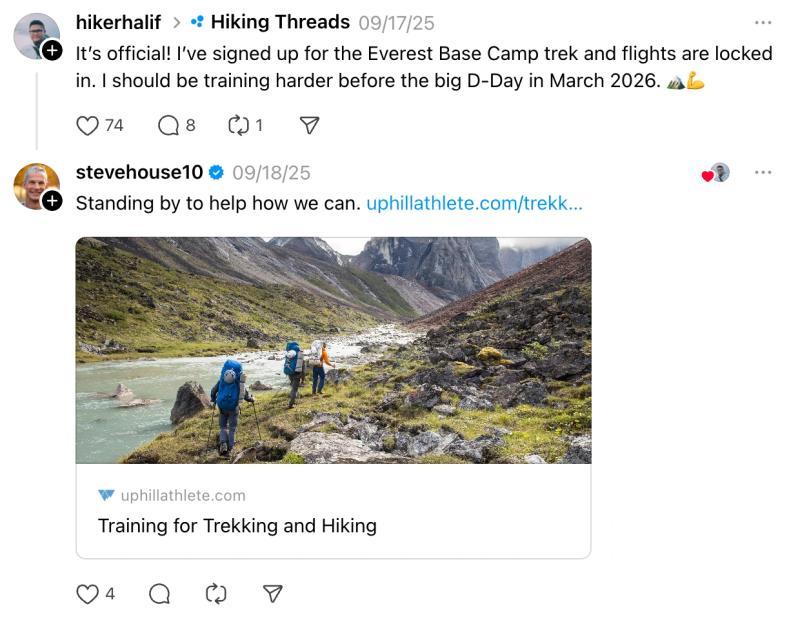 Post thread featuring hikerhalif’s Everest trek announcement and Uphill Athlete’s training support reply.