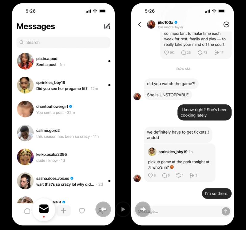 Threads DM screenshots showing how shared comments and posts spark private conversations, highlighting why comment visibility matters.