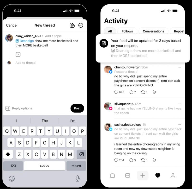 Meta’s “Dear Algo” feature in Threads, showing a new thread request to adjust the feed and an activity confirmation message.