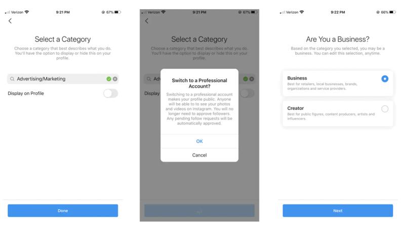 Step-by-step monetization plan illustration showing Instagram setup screens for professional account with category and business options.