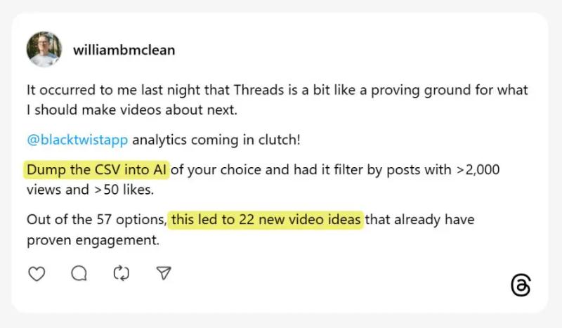 Threads Strategy for Brands example showing a Threads post about using analytics CSV data with AI to filter high-performing posts and generate 22 new content ideas.