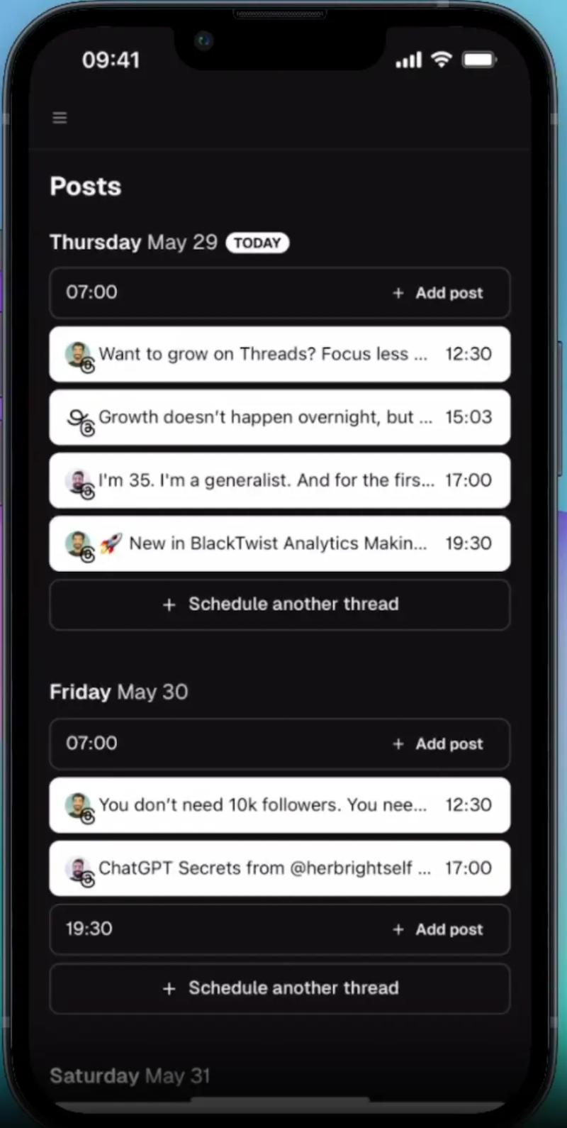 BlackTwist mobile app schedule view showing planned Threads posts by day and time with options to add posts or schedule another thread.
