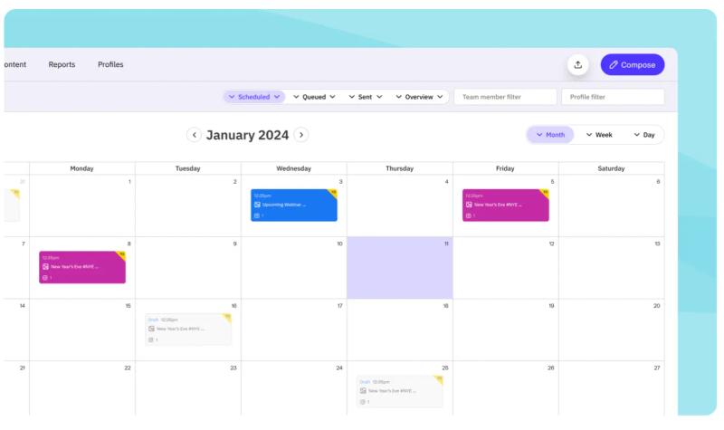 Sendible content calendar with scheduled posts displayed in a monthly view.