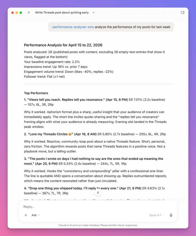 Claude displaying a content pattern analysis showing that personal story posts outperform how to posts by 2x on engagement, with a recommendation to shift toward more storytelling content