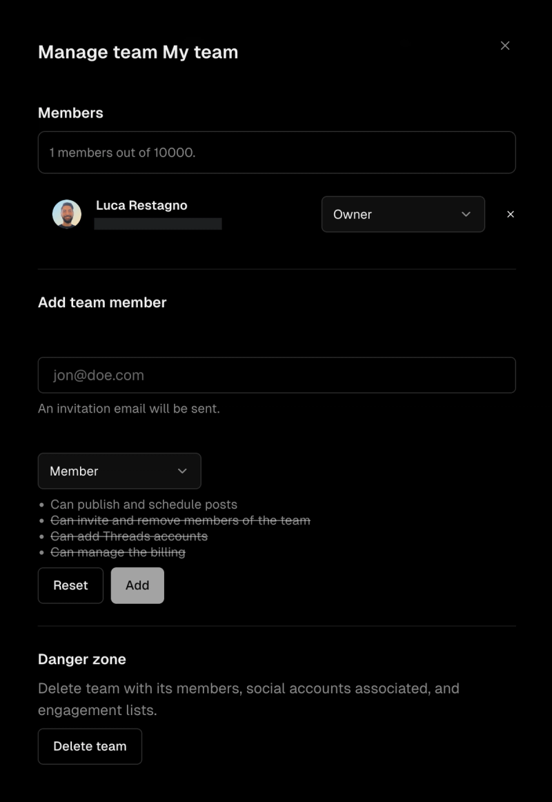 Manage team modal