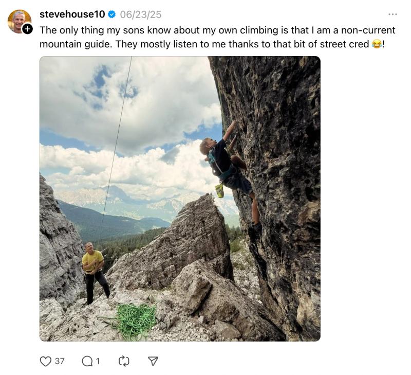 Social media post by stevehouse10 sharing a personal story about climbing with his sons, featuring a mountain climbing photo.