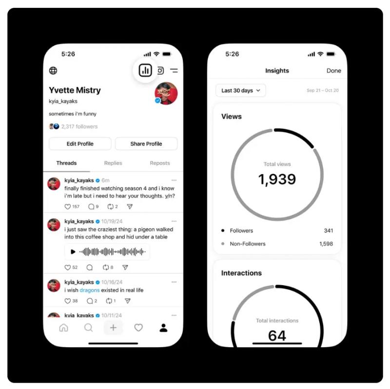 Threads profile and Insights screens showing follower count, recent posts, and analytics for views and interactions over the last 30 days.