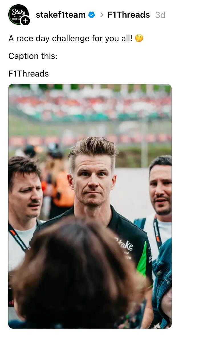 Caption this content idea example on Threads showing F1 team race day post with driver photo and fan challenge
