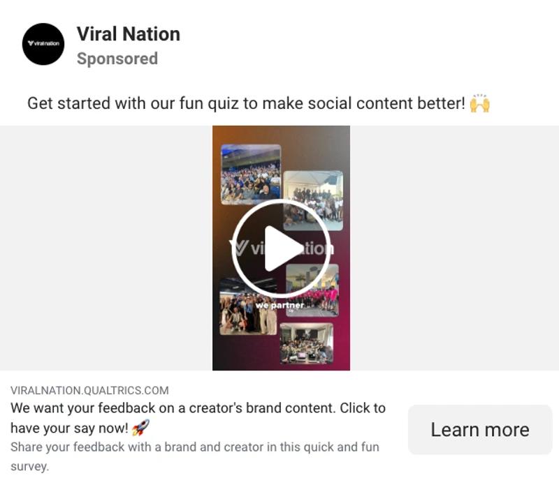 A Sponsored post by Viral Nation on Threads creatively inviting users to rate creator brand content, with a 'learn more' CTA.