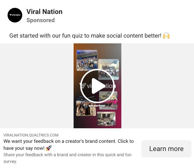 A Sponsored post by Viral Nation on Threads creatively inviting users to rate creator brand content, with a 'learn more' CTA.