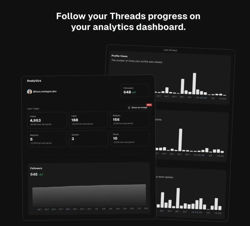 Screenshot of BlackTwist Threads analytics feature showing dashboard with profile views, followers, posts, and engagement stats.