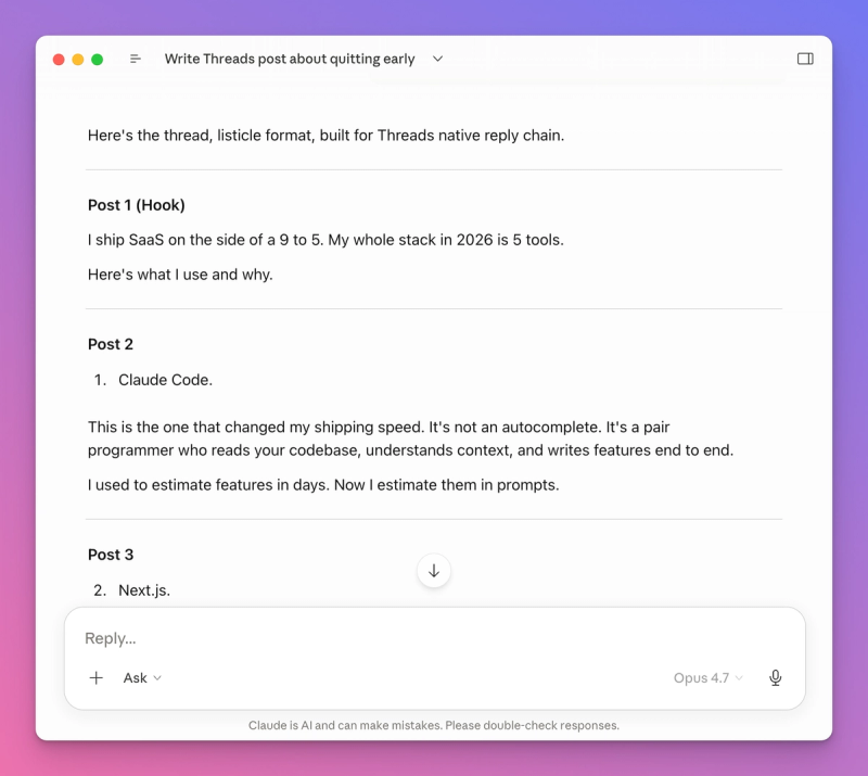 Claude generating a 5 post thread with a numbered hook post, three tool posts with personal context, and a closing post with a question