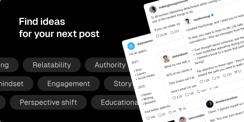 BlackTwist Inspiration Hub for finding post ideas, with topic filters and example Threads posts for inspiration.