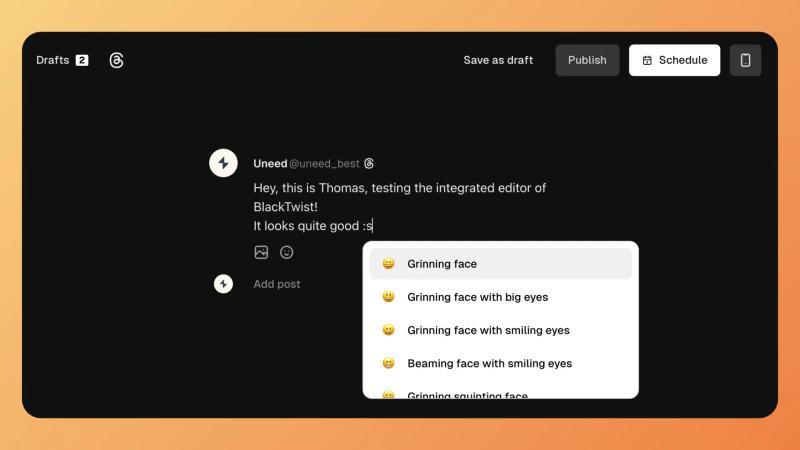 BlackTwist Threads editor with draft, publish, and schedule buttons.