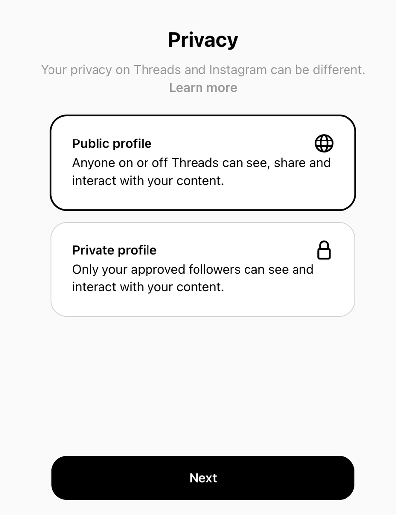 Threads privacy setup screen with public vs private profile choices.