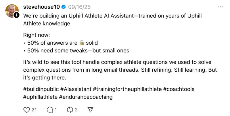 Screenshot of Stevehouse10's post describing the development of an Uphill Athlete AI tool trained on expert knowledge.