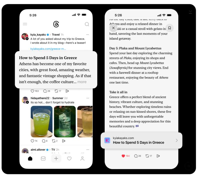 Threads Strategy for Brands example showing a Threads post with a blog link preview and the article opened in the in-app browser.