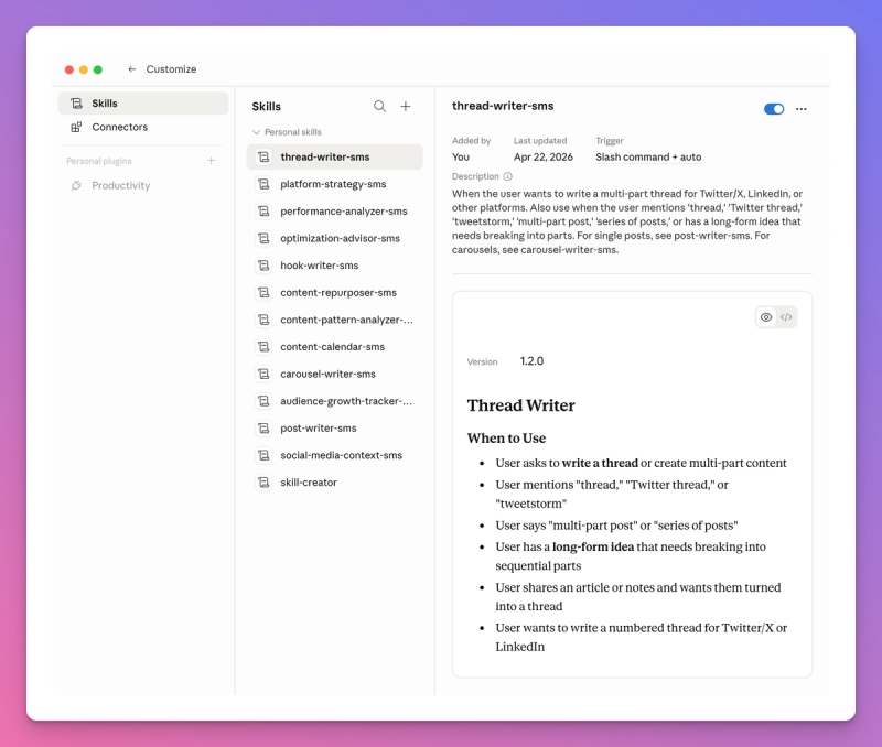 Claude showing a skill successfully added with its name and description visible in the tools panel