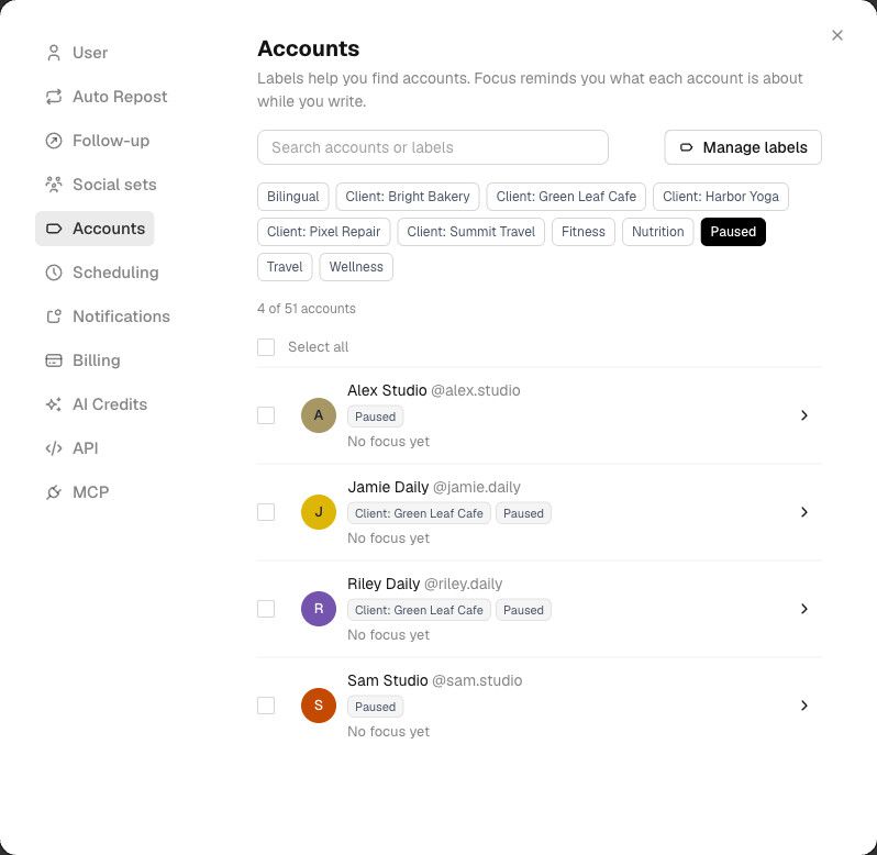 Settings > Accounts, filtered by a label