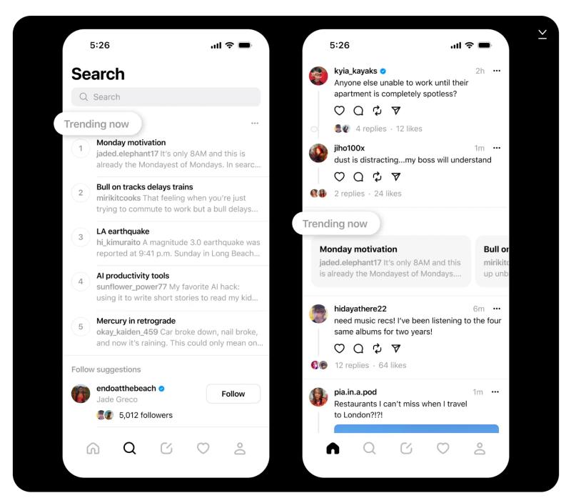Threads Strategy for Brands example showing Threads Search and ‘Trending now’ topics, with a feed view of trending posts and conversations.