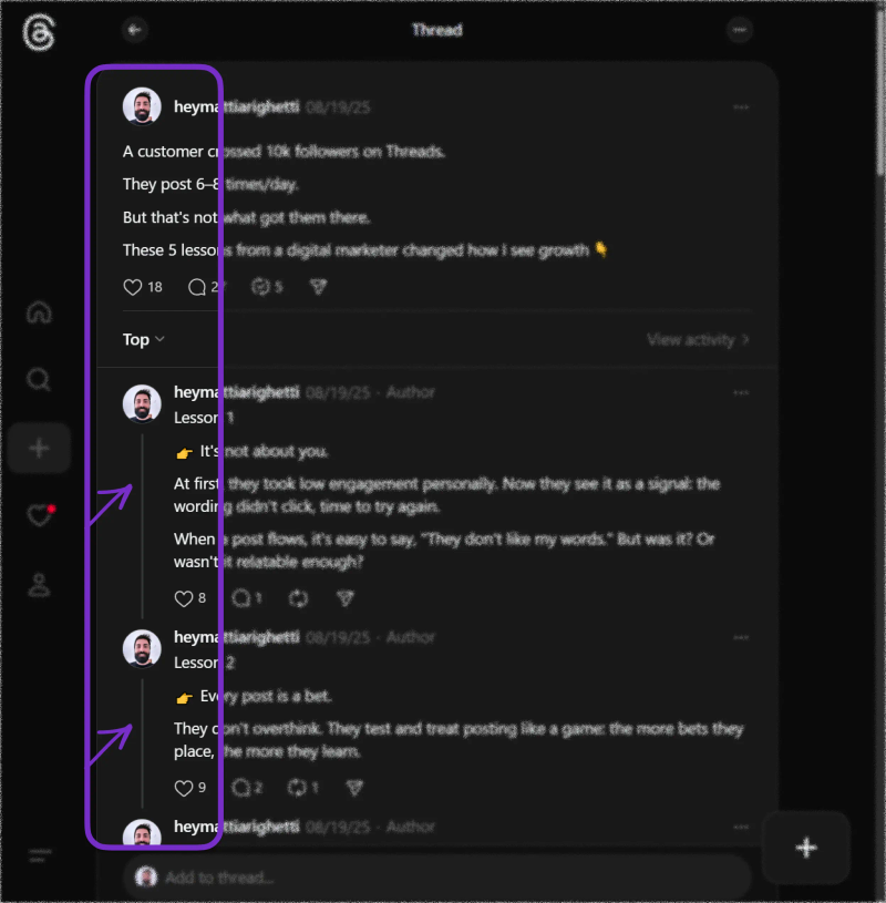 Screenshot of a thread published on Threads showing the connection between each post