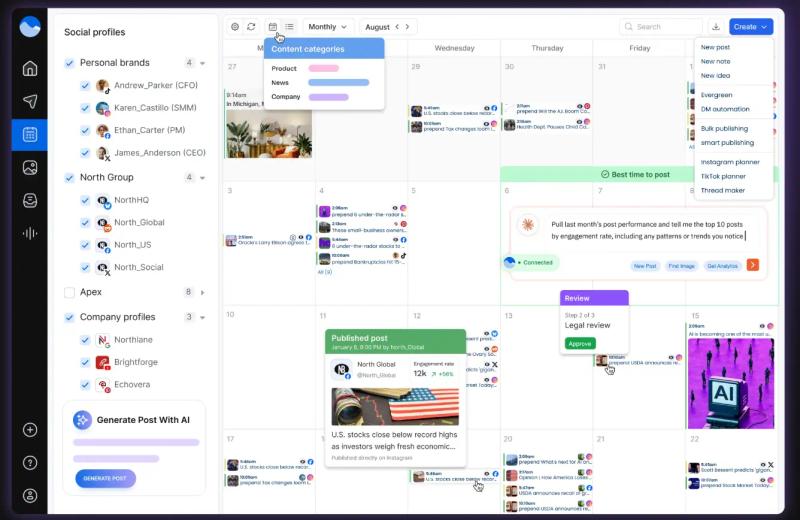 Vista Social content calendar showing social profiles, scheduled posts, AI tools, and approval workflows.