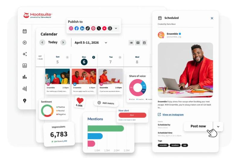 Hootsuite social media calendar dashboard with scheduled posts, analytics widgets, and a preview of an Instagram post.