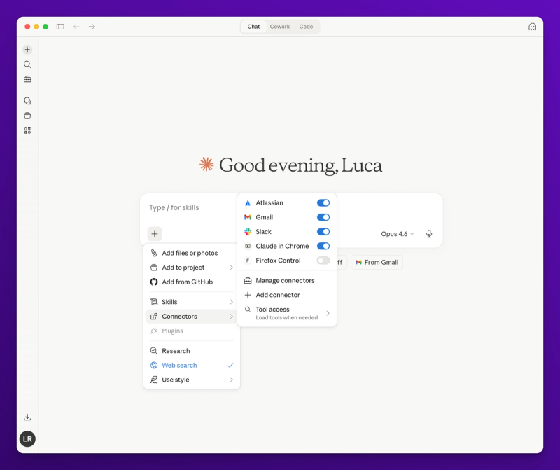 Claude connectors menu showing the plus button in the composer and the Add connectors option at the bottom of the tools dropdown