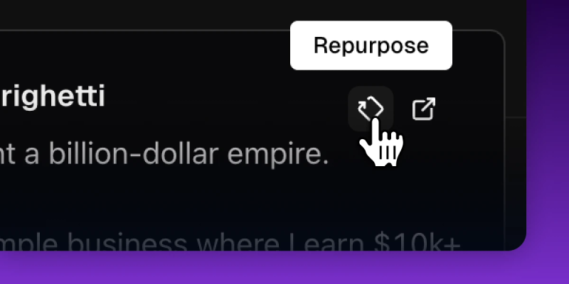BlackTwist ‘Repurpose’ function, showcasing over action icon with hand cursor; secondary ‘open in new’ icon.