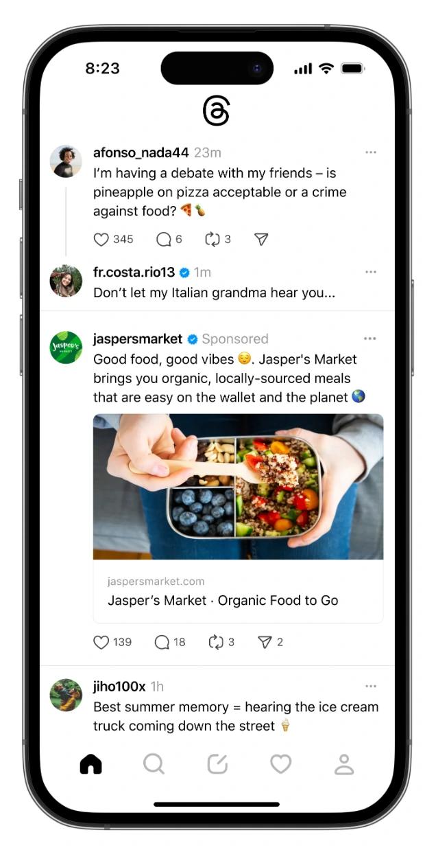 Mockup showing the Threads home feed with an ad from Jasper’s Market.
