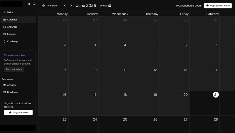 Screenshot of BlackTwist calendar dashboard for June 2025 with scheduling, analytics, and upgrade options.