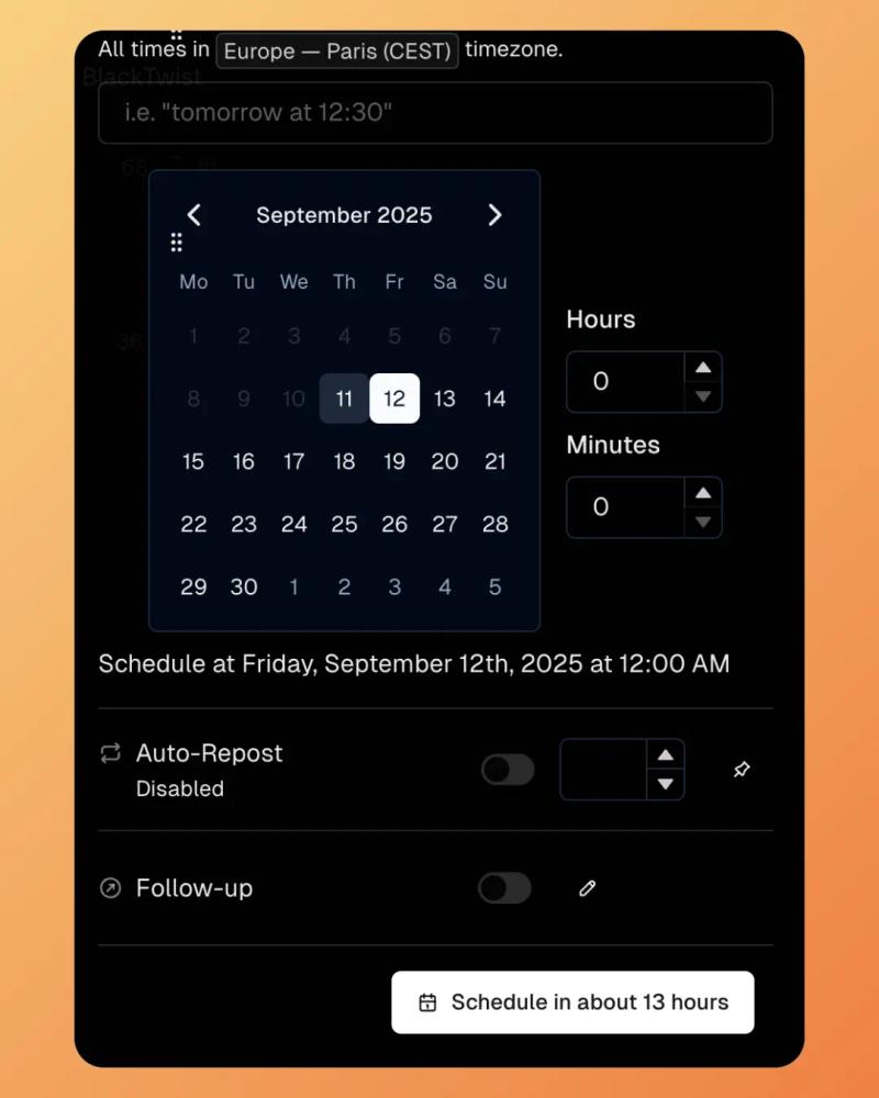 BlackTwist post scheduler with calendar and time picker for Threads.
