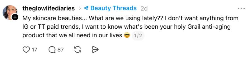 Beauty Threads post about best anti-aging skincare recommendations.