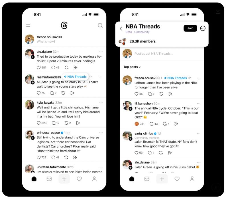 Threads Strategy for Brands example showing Threads Communities, with the NBA Threads group page and Join button beside the main feed.