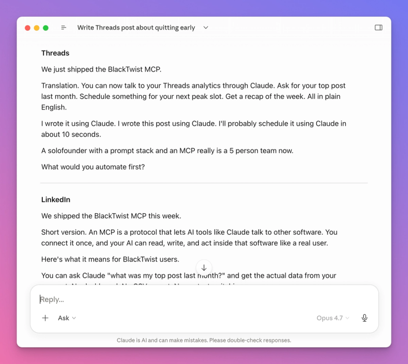 Claude showing two post versions side, a short conversational Threads post and a longer structured LinkedIn post with line breaks and a closing question