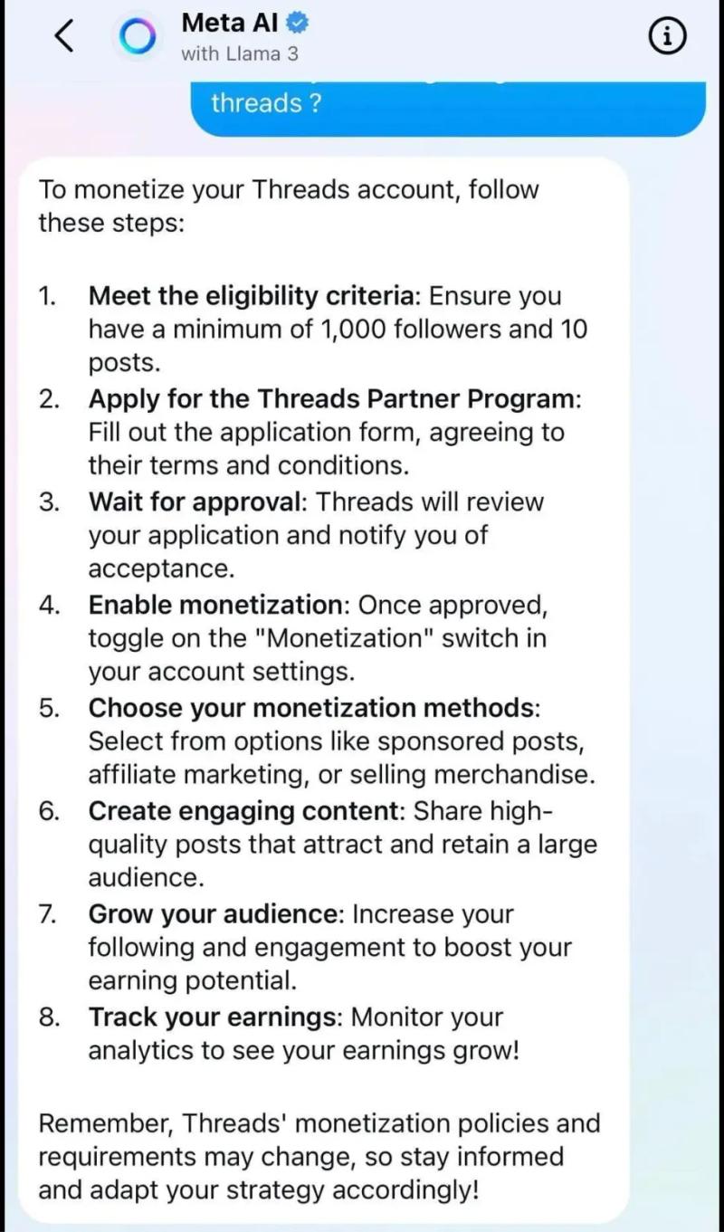 Meta AI chat screenshot showing step-by-step guide to monetizing a Threads account with eligibility, approval, and earnings tips.