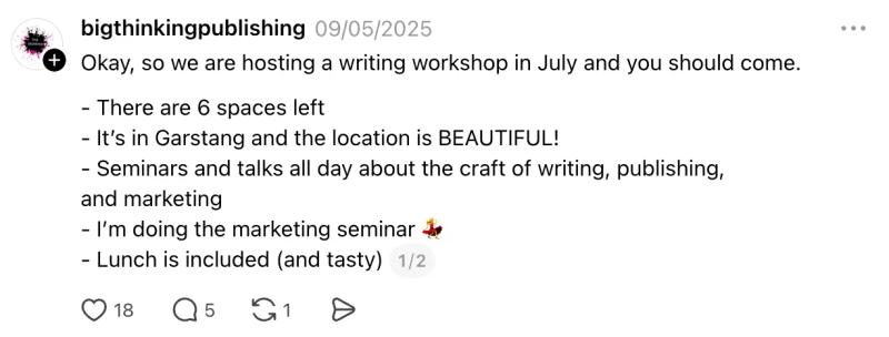 Threads post promoting July writing workshop with limited spaces.