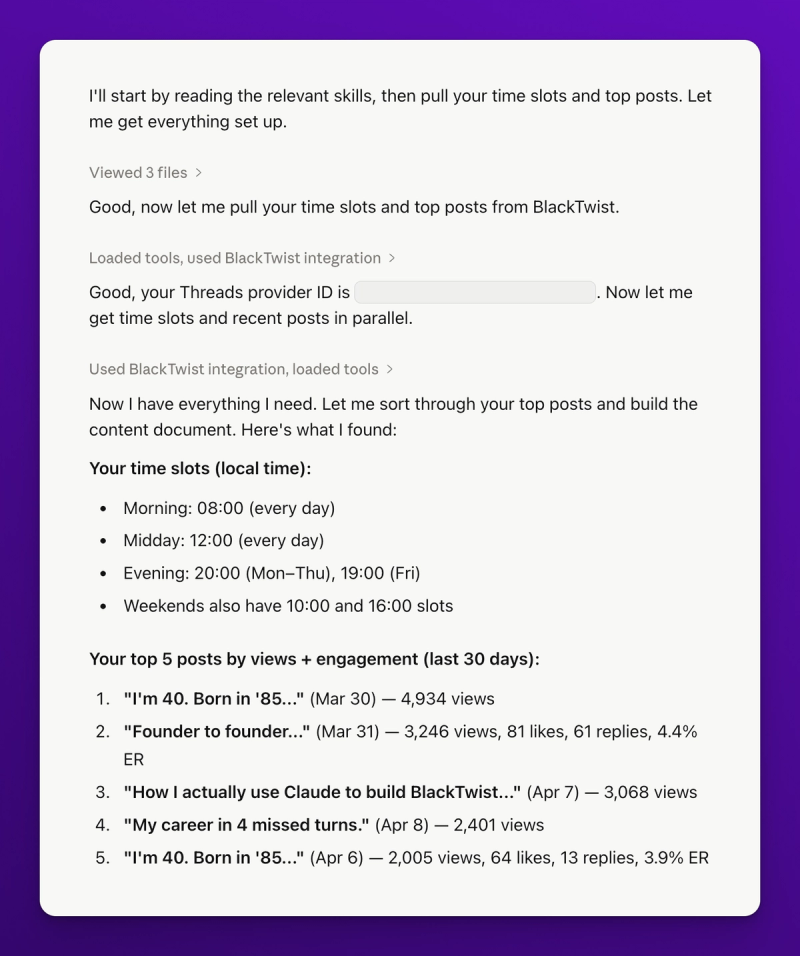 Claude conversation showing three consecutive MCP tool calls for list_providers, list_time_slots, and list_posts returning your Threads account, posting schedule, and recent posts