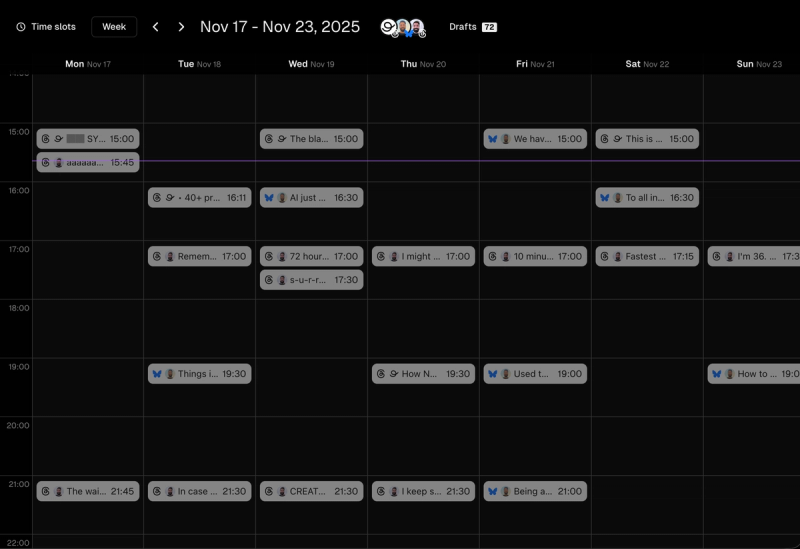 A screenshot of a weekly calendar in BlackTwist managing multiple accounts
