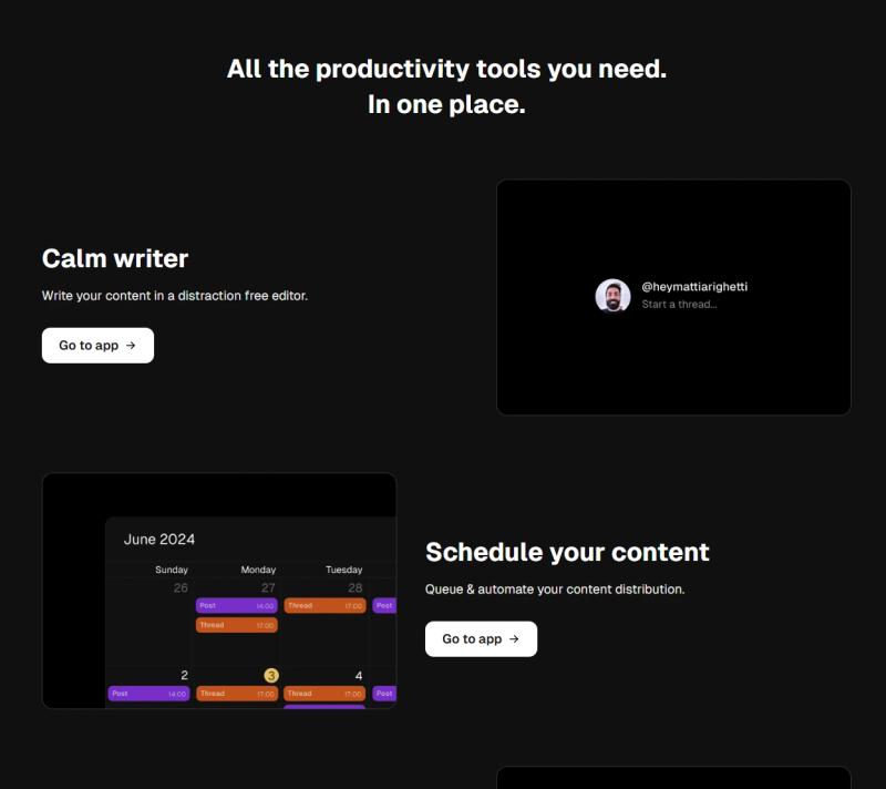 BlackTwist landing page highlighting productivity tools like distraction-free writing and automated content scheduling.