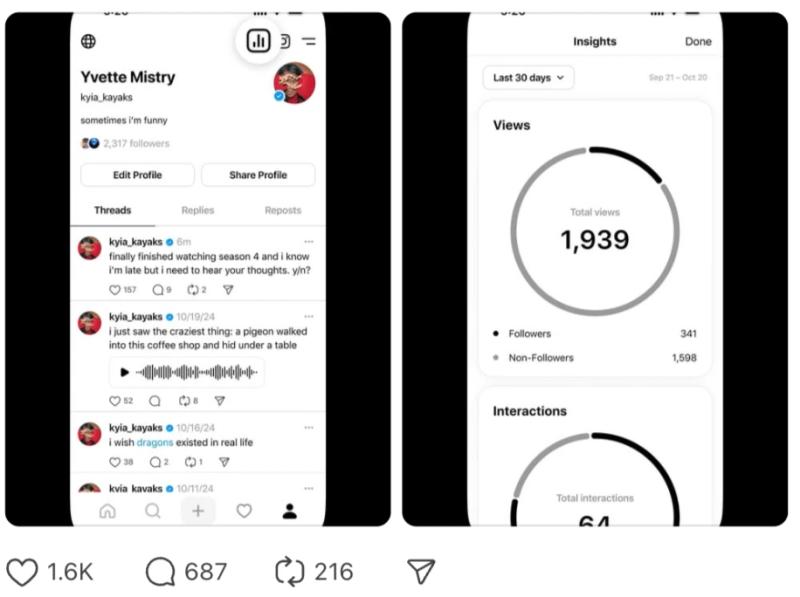 Example of engaging Threads posts and insights showing profile views, interactions, and follower reach.
