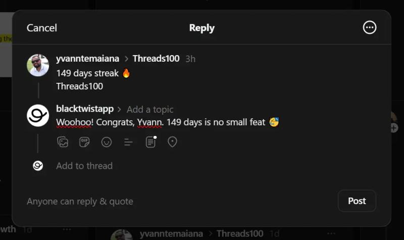 Screenshot of the step in the process in the Threads app indicating how to view comments.