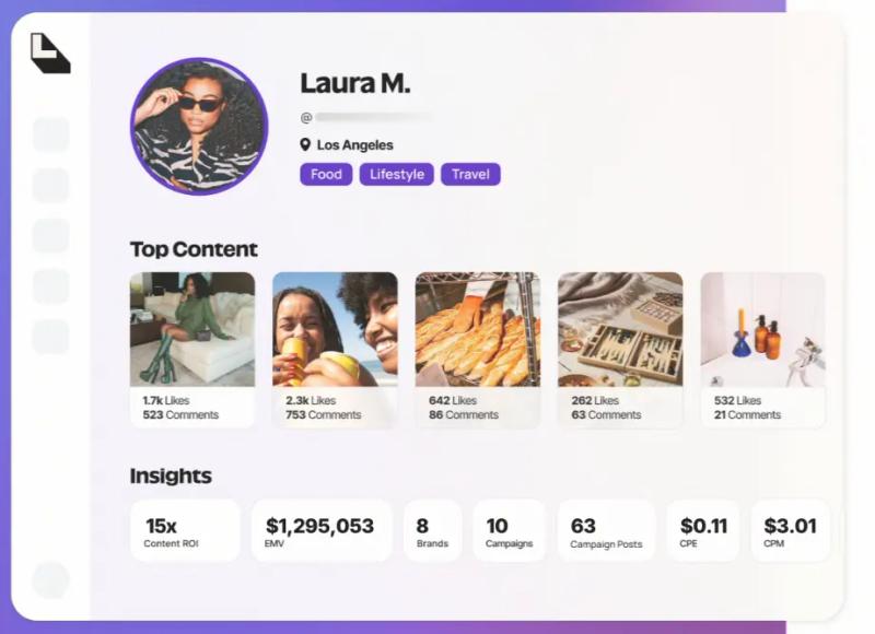 Later creator dashboard showing influencer profile stats, top content, and campaign performance insights.