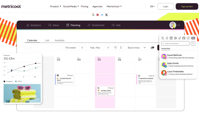 Metricool app landing page for social media planning, analytics, inbox, and scheduling tools