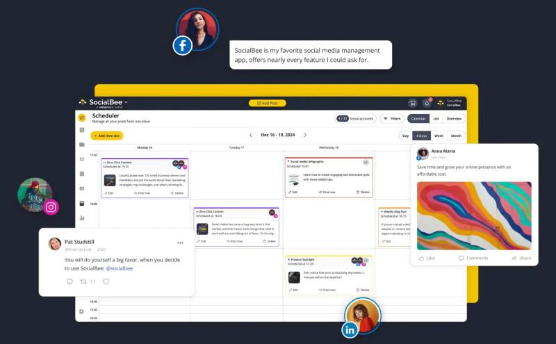 SocialBee scheduler showing a content calendar, queued posts, and social media previews.