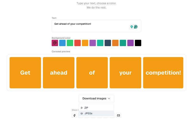 Free social media carousel generator by BlackTwist showing editable text, color palette, and download options for ZIP or JPEGs.