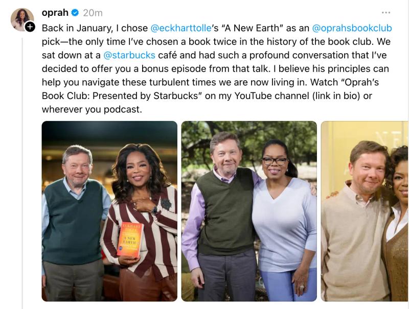 Throwback content example post for Threads by Oprah sharing nostalgic book club moments with Eckhart Tolle and reflections on ‘A New Earth.