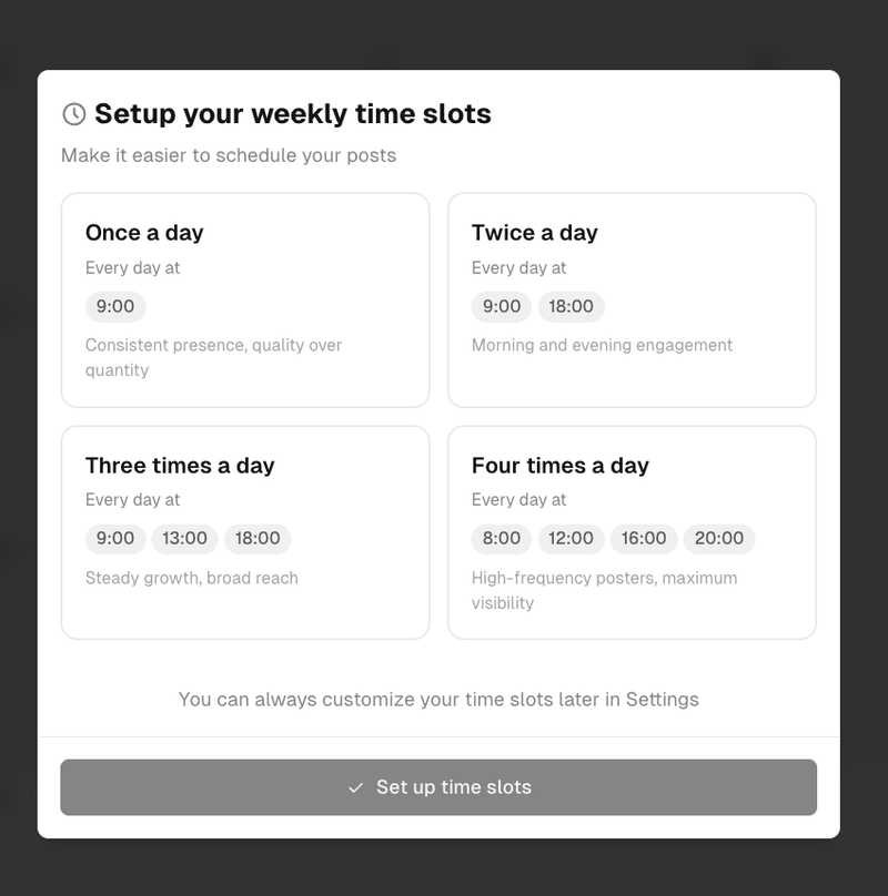 Blacktwist UI for setting up weekly posting time slots, with options from once a day to four times a day.